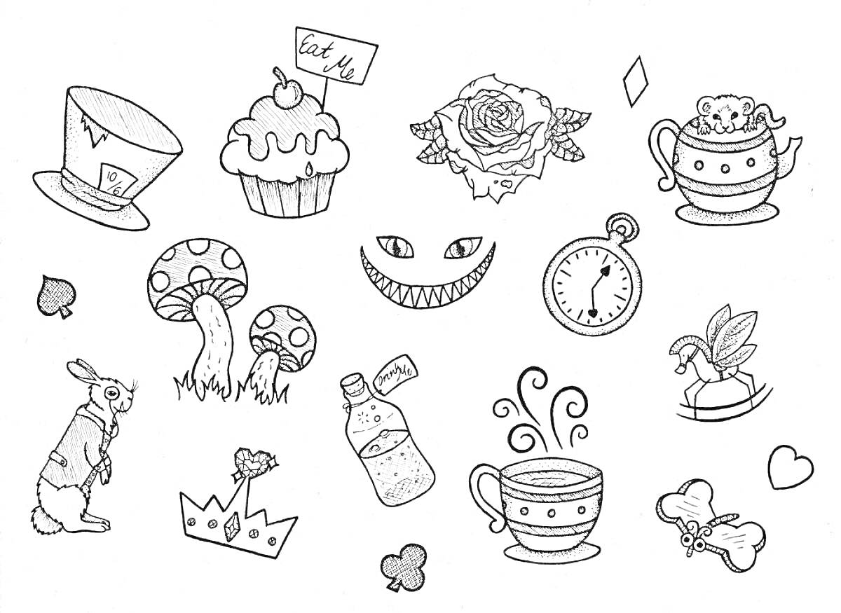 Элементы для мини наклеек: шляпа, кекс, роза, чайник, грибы, улыбающееся лицо, карманные часы, кролик, корона, бутылка, чашка, фламинго, крести, сердца, кость