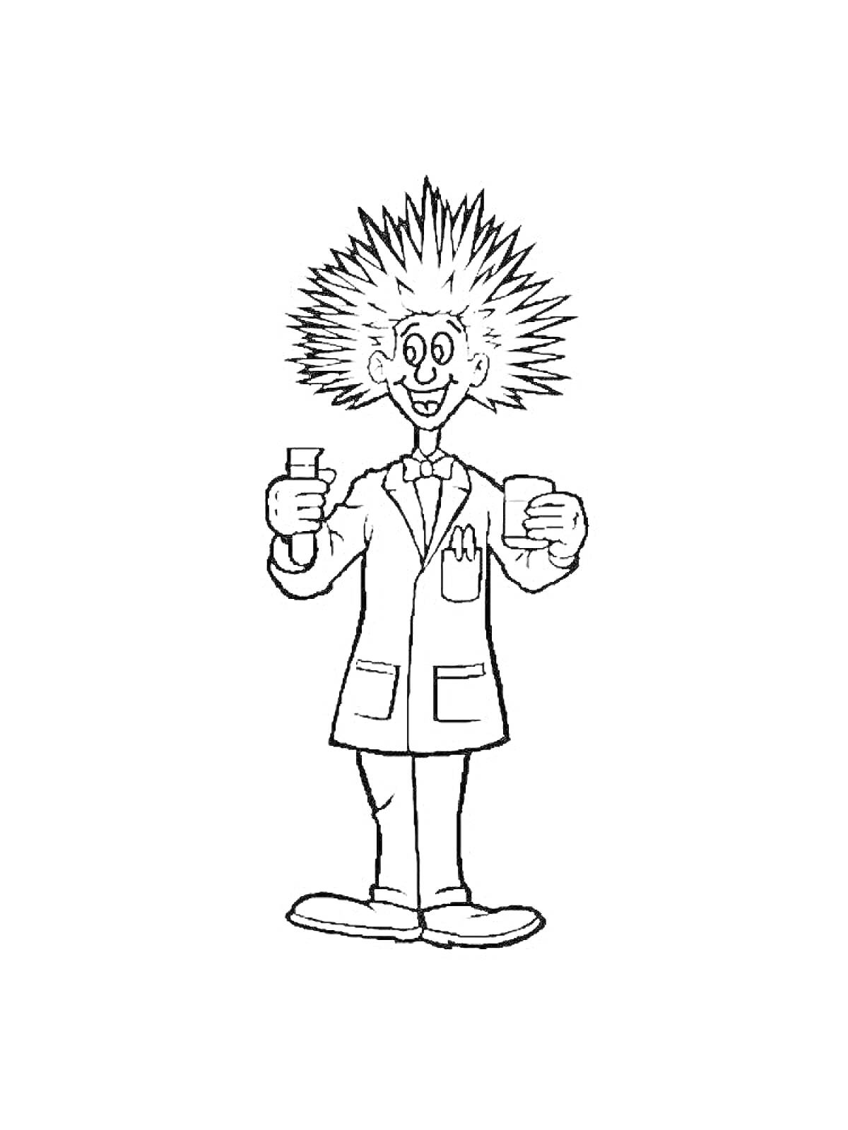 Раскраска Ученый с дикими волосами в халате с пробирками и стаканом