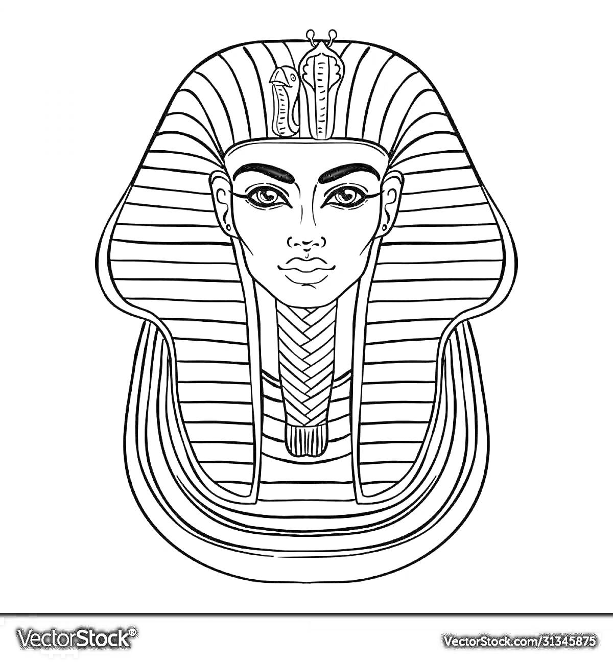 Раскраска Маска фараона Тутанхамона - линия царя, головной убор Немеc, уреус (кобра)