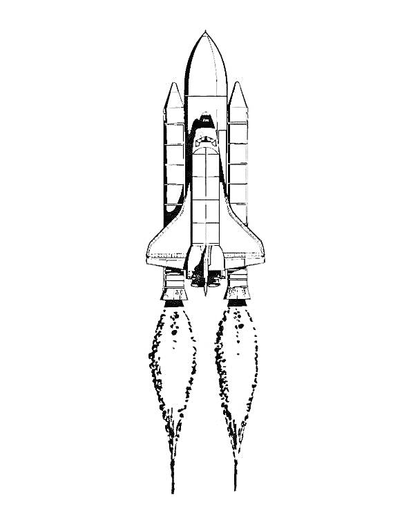 Чёрно-белая раскраска с изображением ракеты с двумя ускорителями, летящей в космос с включёнными двигателями и огнем из сопел.