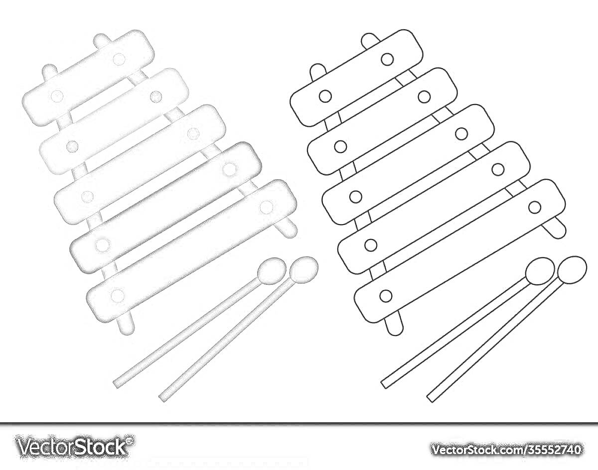 На раскраске изображено: Ксилофон, Музыка, Музыкальные инструменты