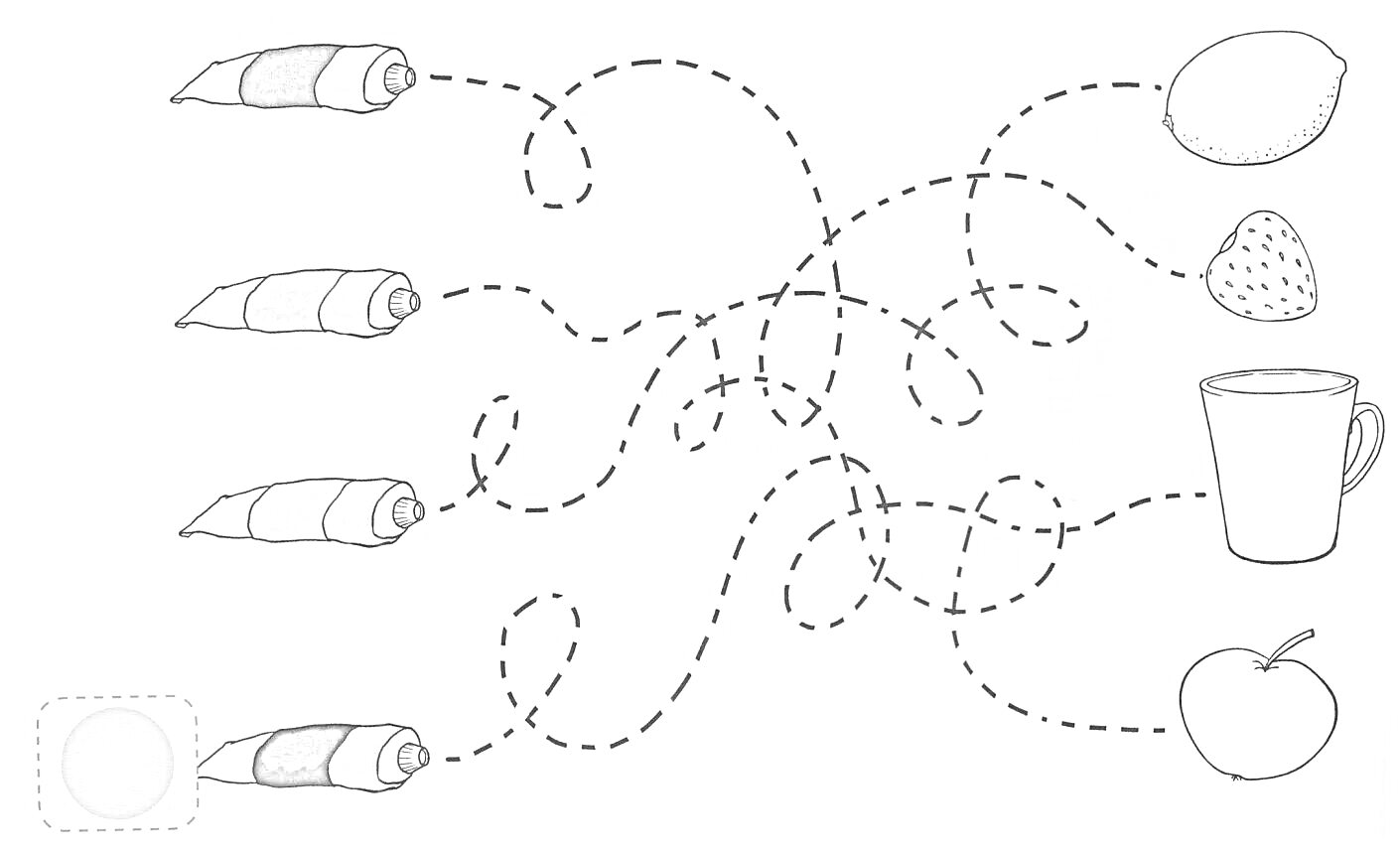 Раскраска Тюбики с краской и линии, ведущие к лимону, клубнике, кружке и яблоку.