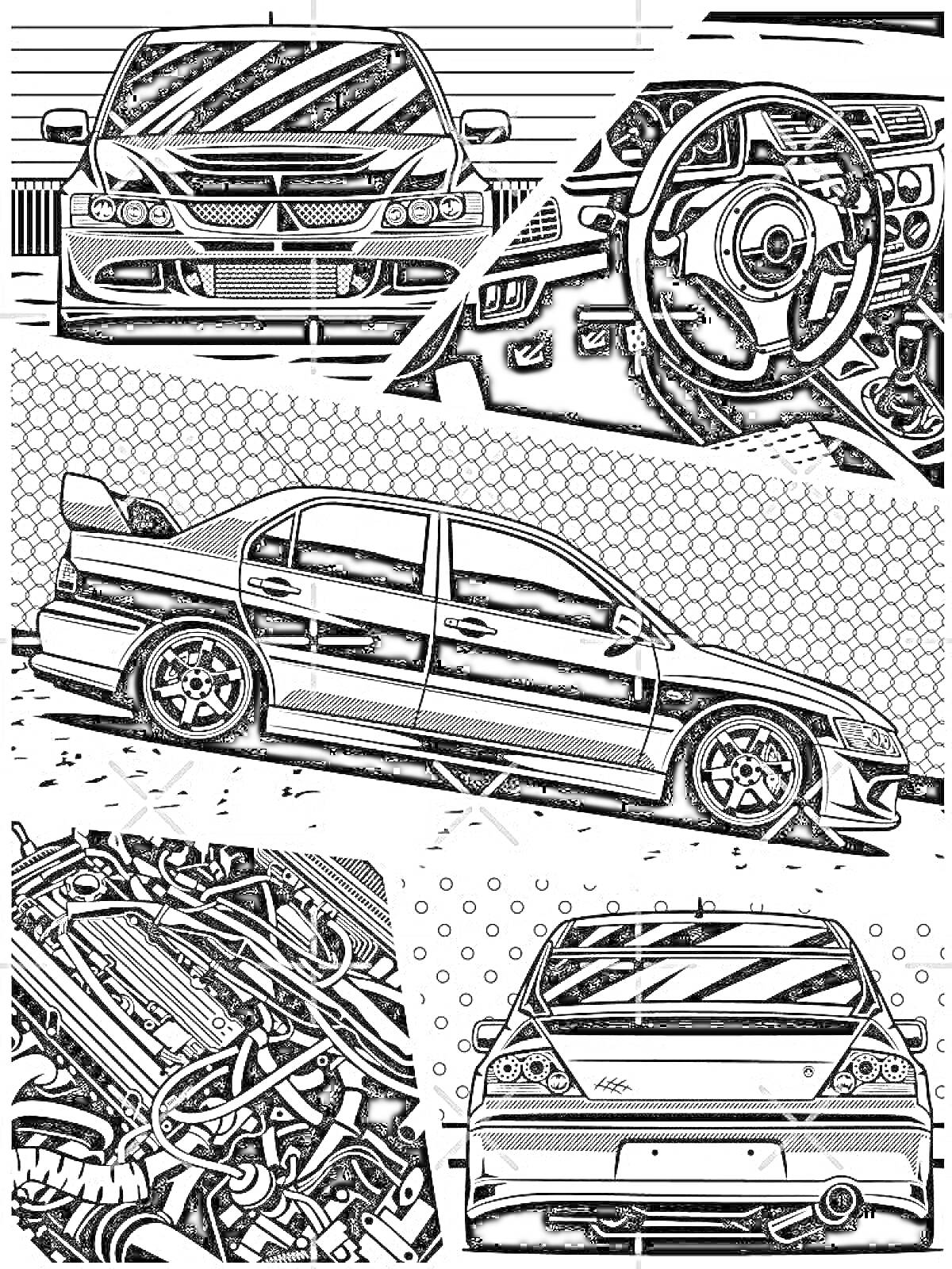 Раскраска с изображением JDM автомобиля с видом спереди, салоном, сбоку, мотором и сзади