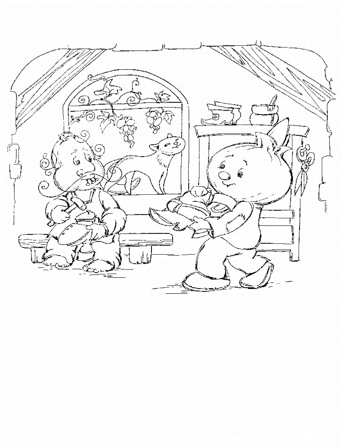 Раскраска Чиполлино и друг в комнате с котом на подоконнике, гравюрой в деревянной раме и шкафом с кастрюлей на верхней полке