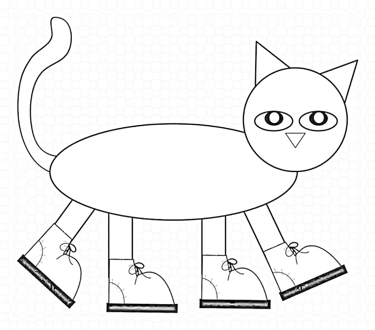 Раскраска Картонный кот с ботинками, с длинным хвостом, овалом туловищем и кругом головой