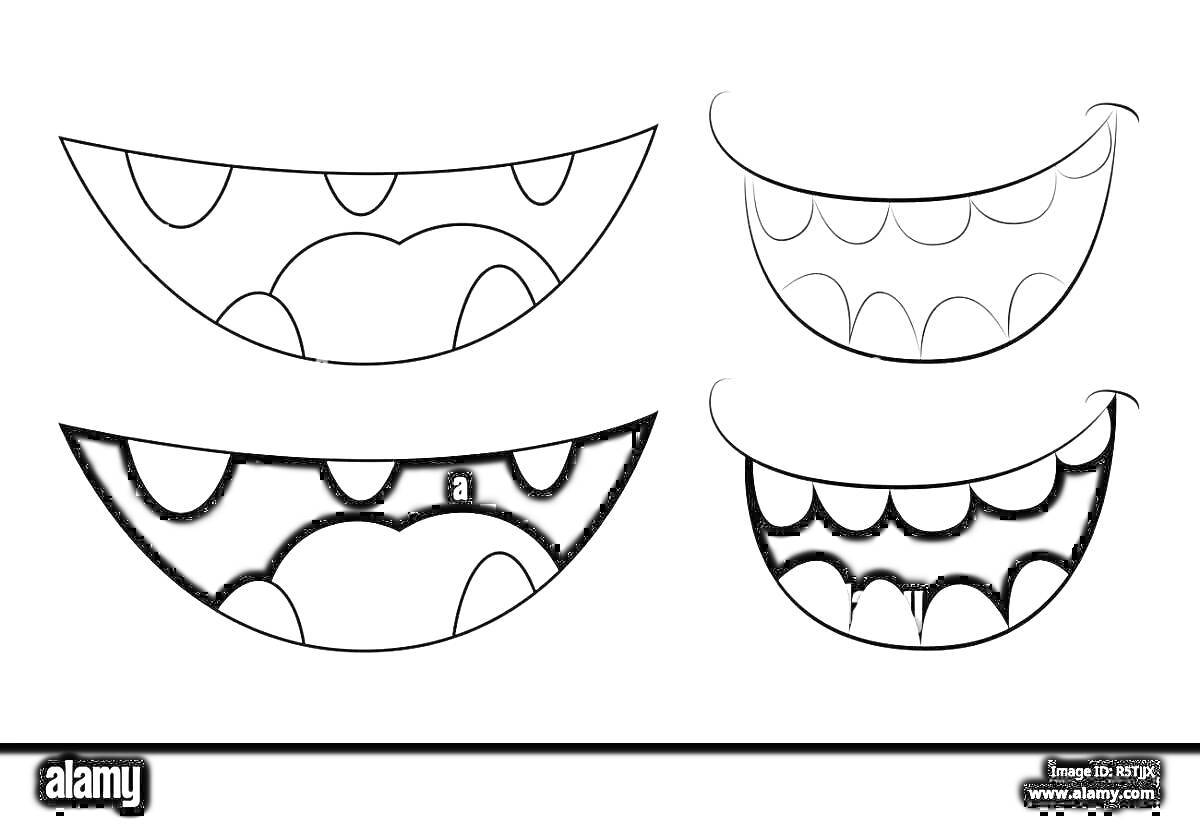 Раскраска Четыре улыбающихся рта с разными зубками, два из которых черно-белые