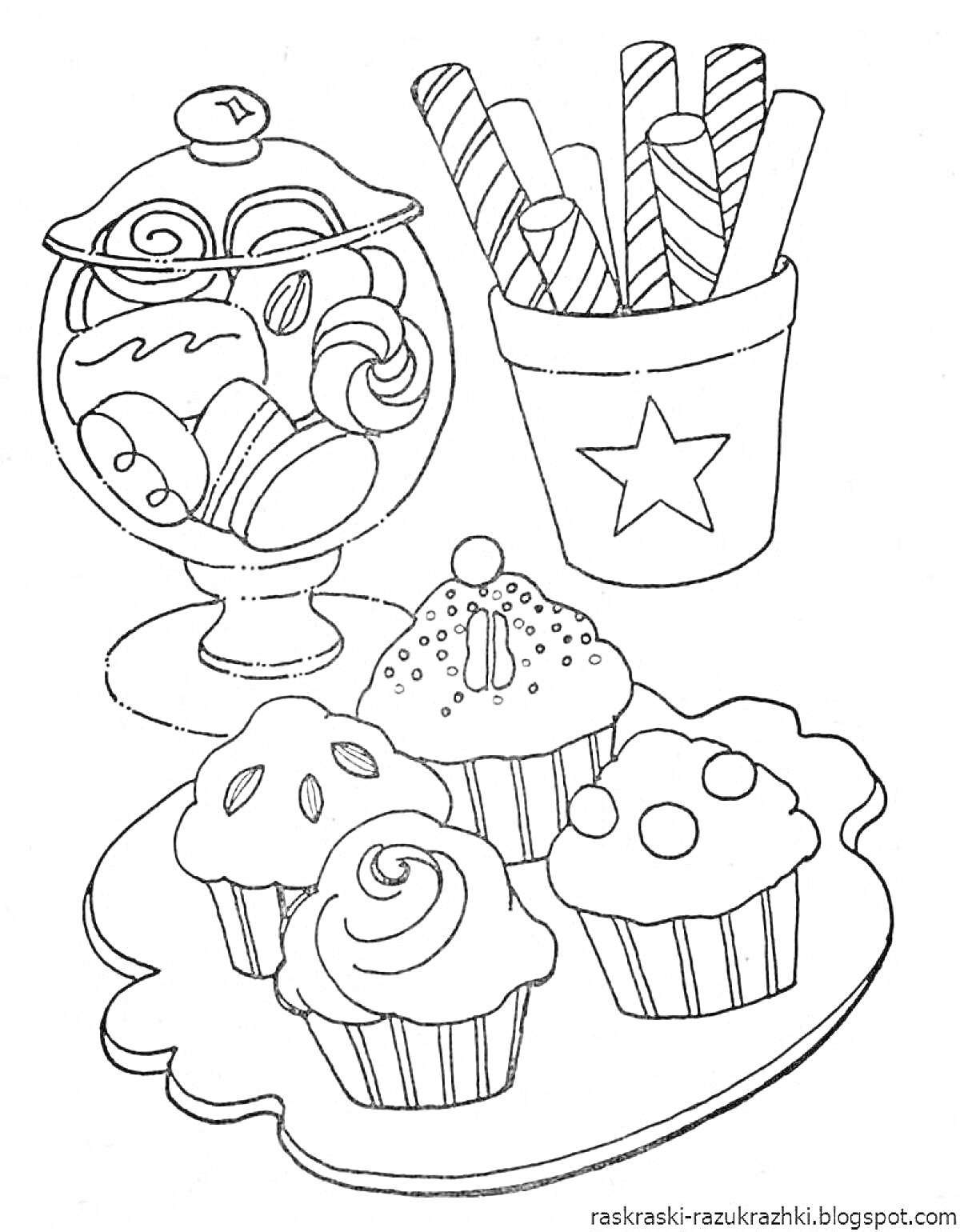 Раскраска Пирожные и сладости в вазе и стаканчике