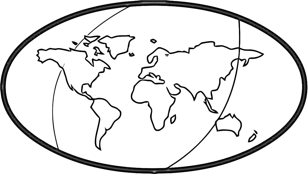 Контурная карта мира с материками и океанами в овальной рамке для раскрашивания