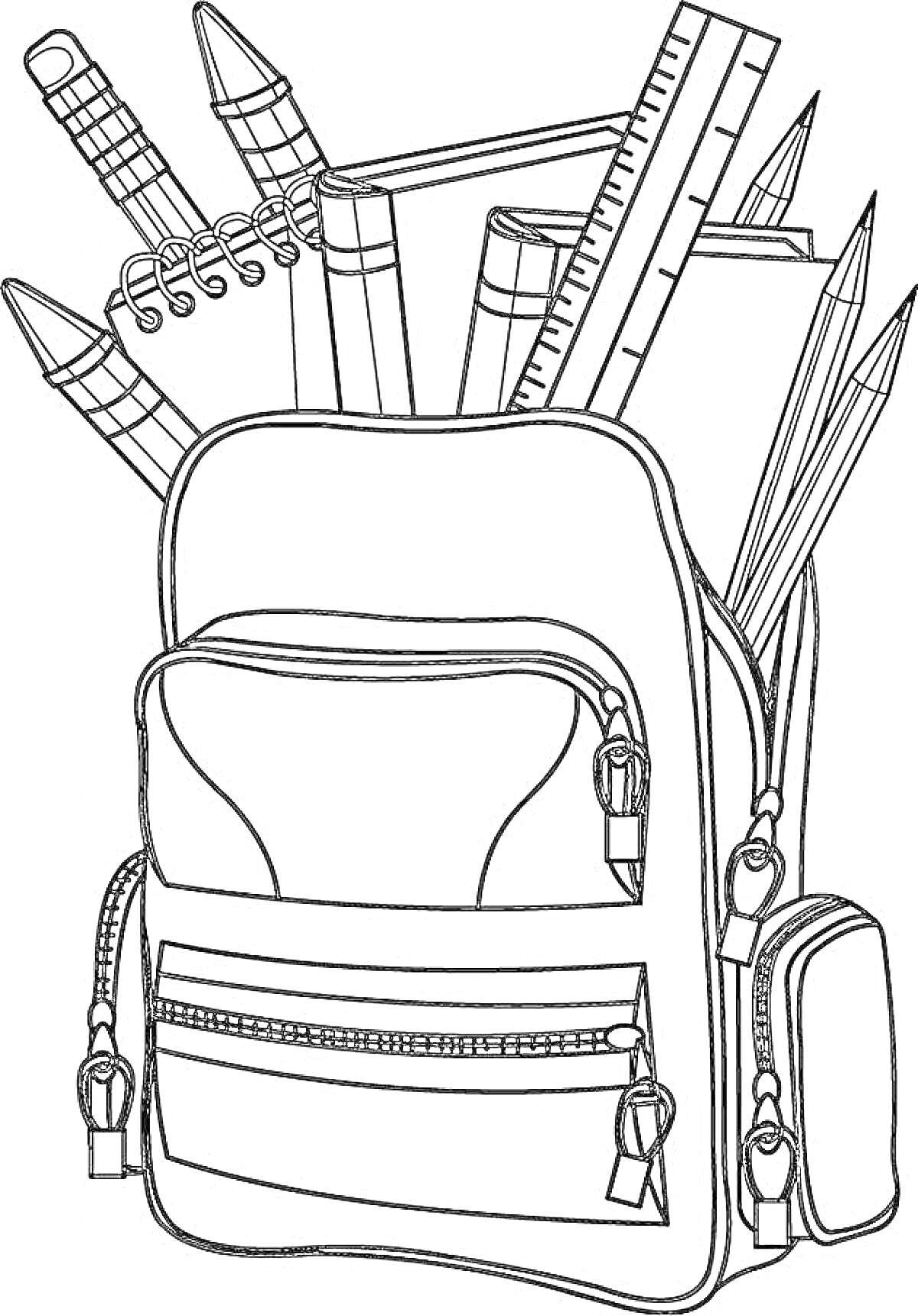 Раскраска Раскраска школьного рюкзака с карандашами, линейками и блокнотом