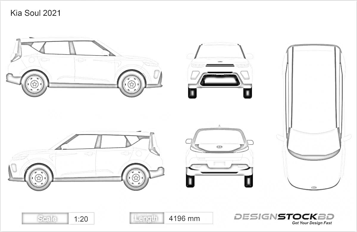 Раскраска Схематическое изображение автомобиля Kia Soul 2021 с разных ракурсов