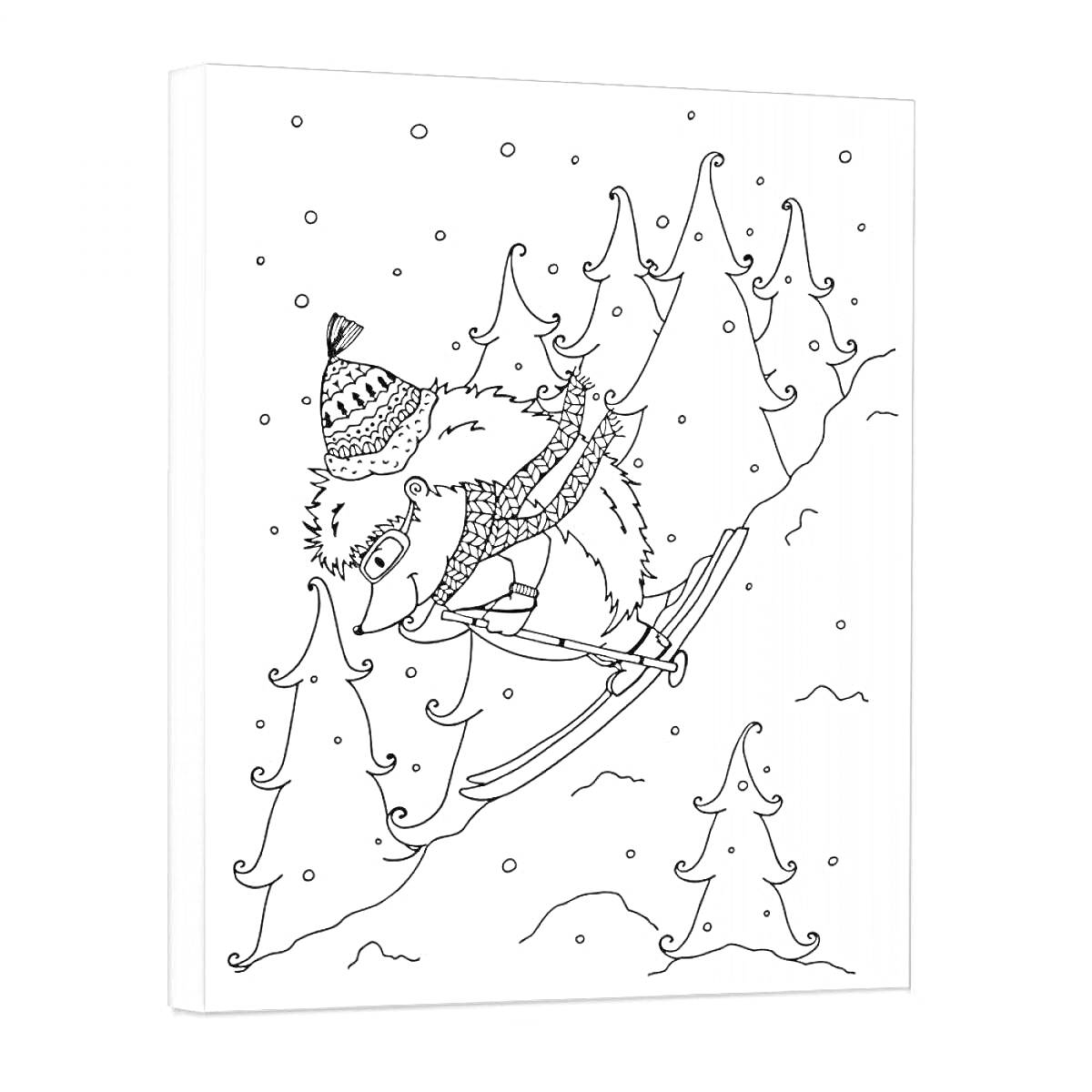 На раскраске изображено: Лыжи, Лес, Зимний лес, Снег, Еловые деревья, Зима, Зимняя шапка, Шарф