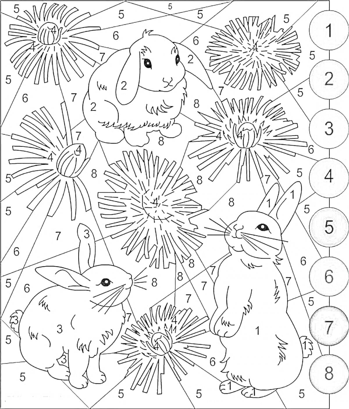 Раскраска Раскраска по номерам - кролики и цветы