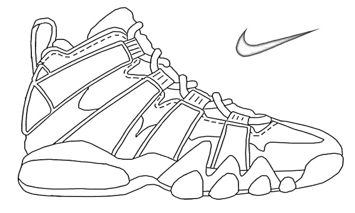 На раскраске изображено: Обувь, Спортивная обувь, Nike, Логотип Nike, Шнурки, Спорт