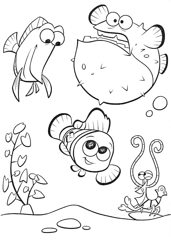 На раскраске изображено: Пузыри, Водоросли, Подводный мир, В поисках Немо, Рыба, Растения