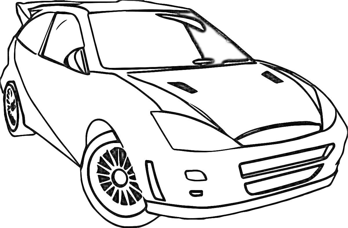 На раскраске изображено: Спортивный автомобиль, Антикрыло, Транспорт, Колеса, Авто, Гоночный автомобиль