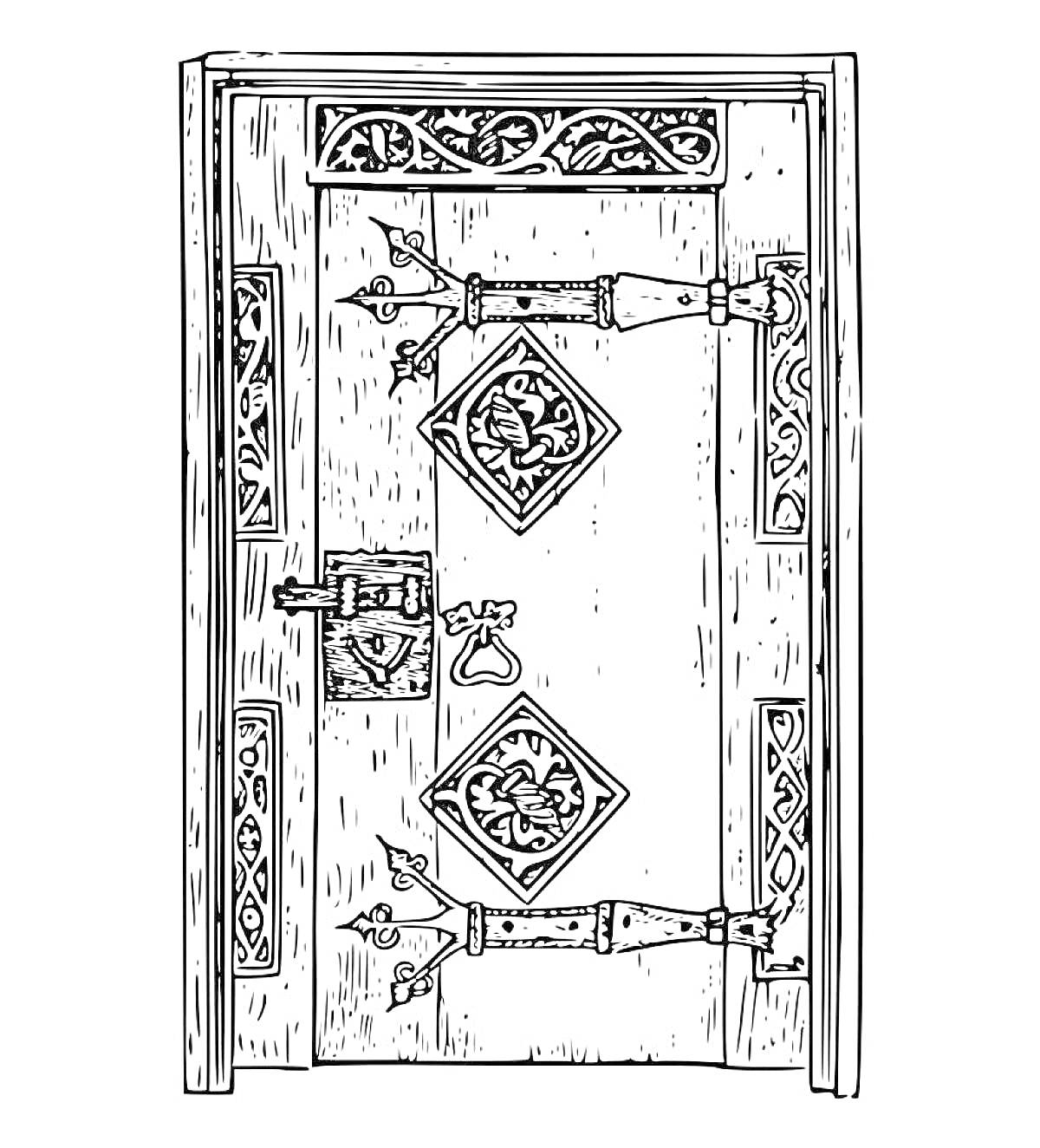 На раскраске изображено: Дверь, Деревянная, Замок, Петли