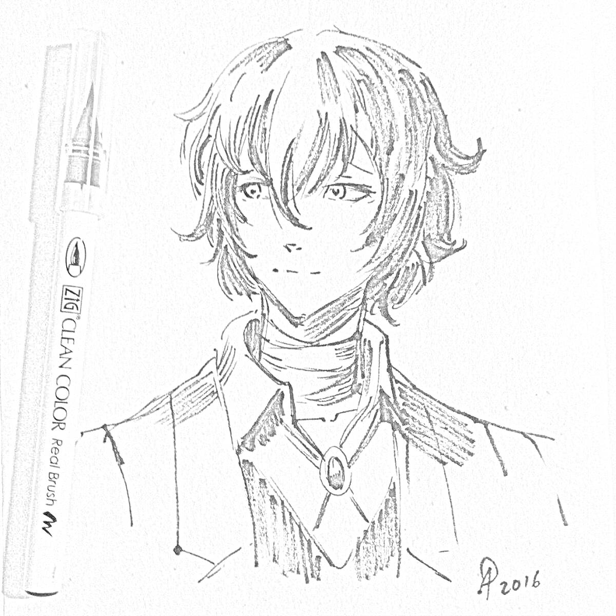 Раскраска Портрет персонажа аниме в стиле манга, рядом маркер ручкой