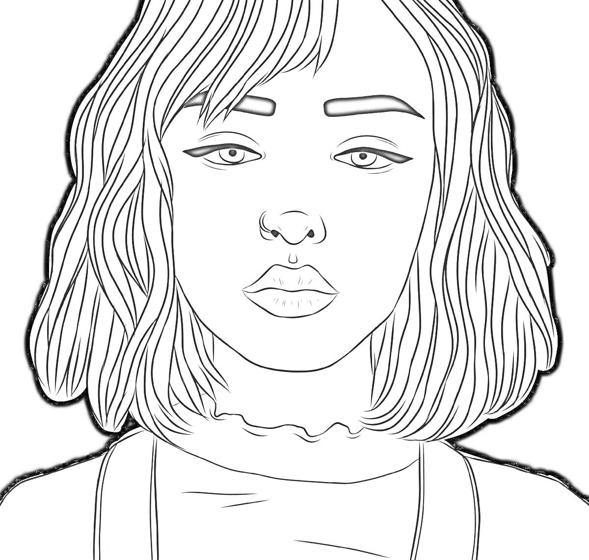 Раскраска Портрет девушки с короткими волнистыми волосами и челкой