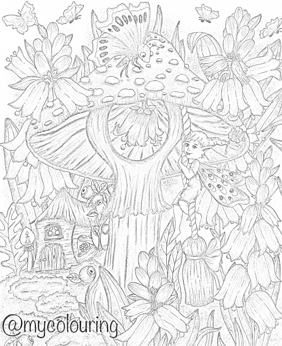 На раскраске изображено: Фея, Лес, Домик, Цветы, Природа