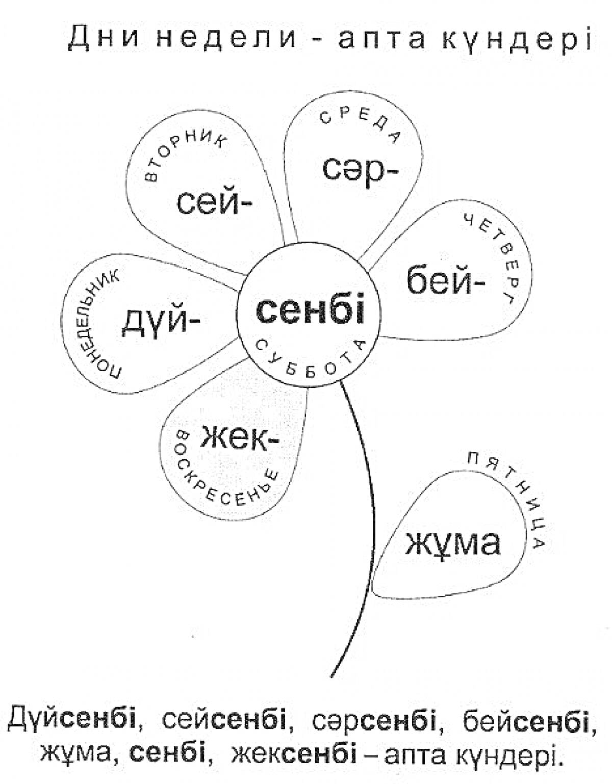 На раскраске изображено: Дни недели, Понедельник, Вторник, Среда, Четверг, Пятница, Суббота, Воскресенье, Русский язык, Казахский язык, 1 класс