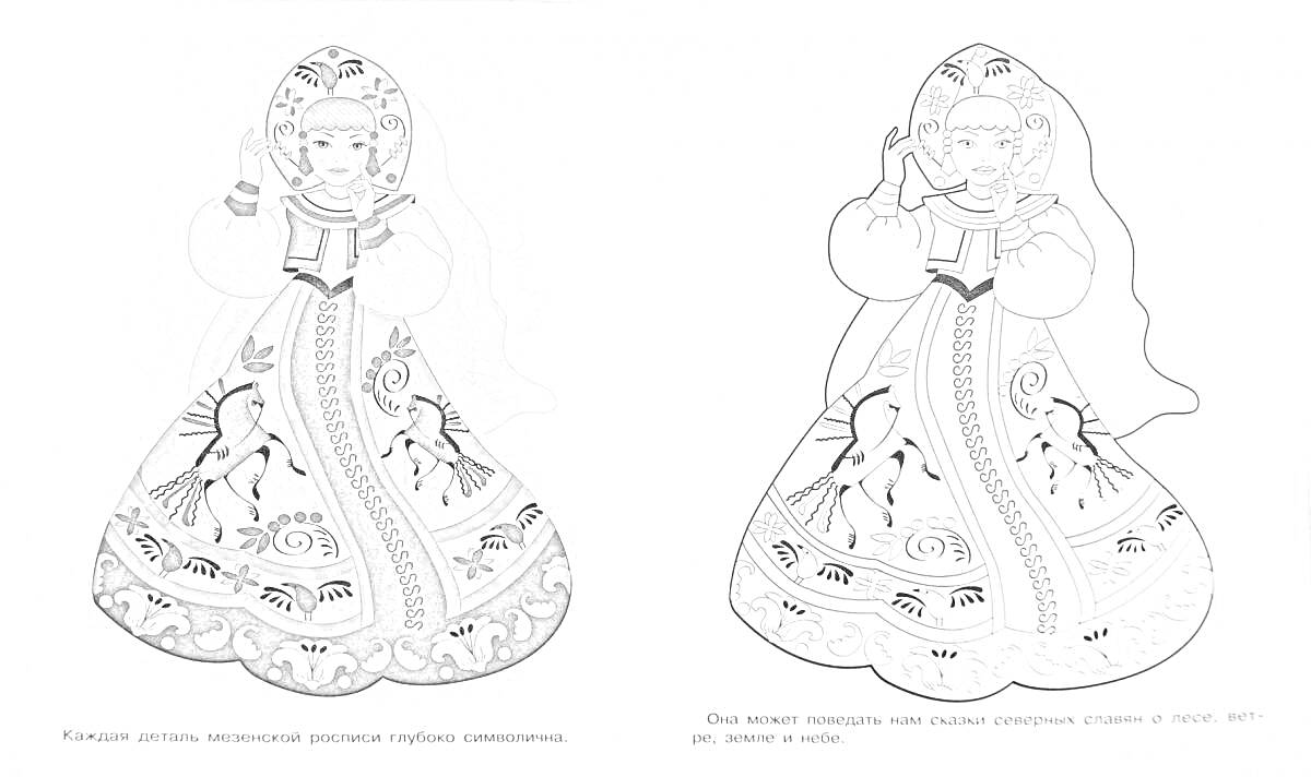 Раскраска Русский народный костюм. Девушка в сарафане и кокошнике с узорами