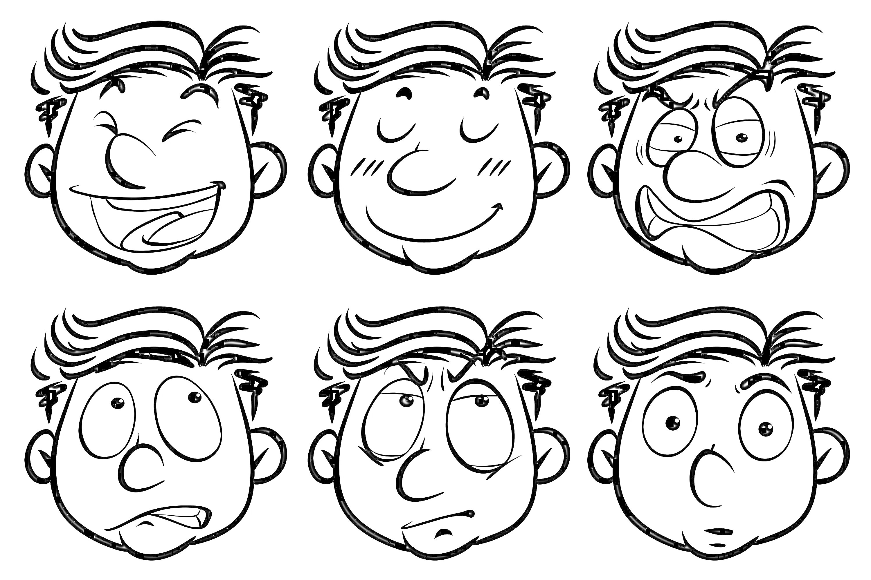 Раскраска Шесть лиц с разными эмоциями: смех, спокойствие, злость, удивление, задумчивость, испуг