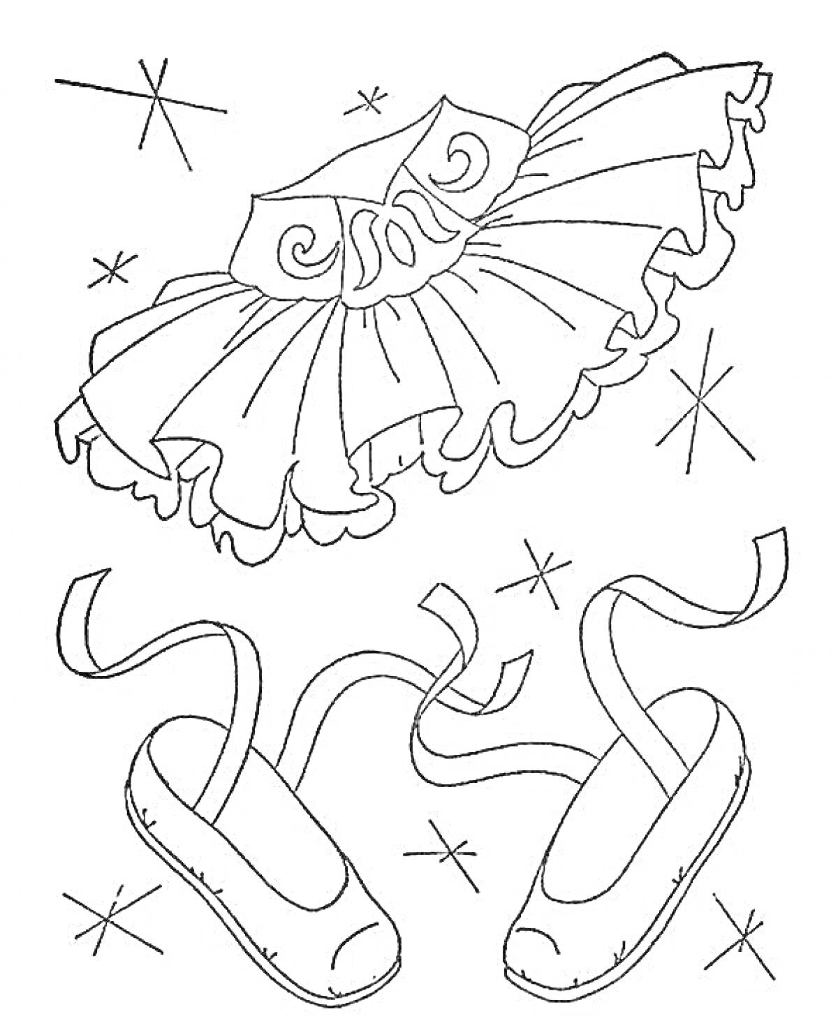 На раскраске изображено: Пуанты, Пачка, Балет, Звезды