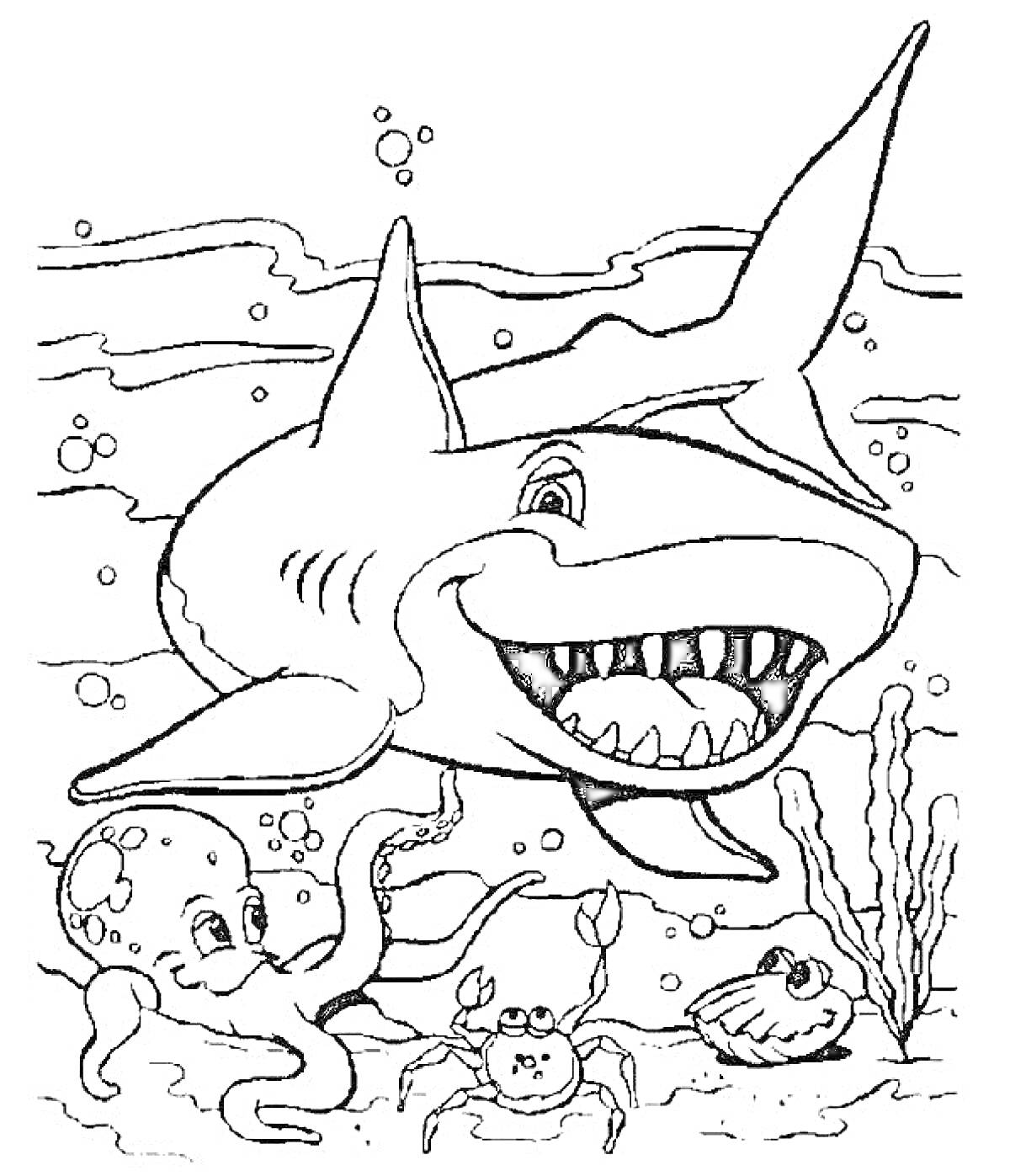На раскраске изображено: Краб, Ракушка, Подводный мир, Морская жизнь, Море, Под водой, Морские растения, Акулы, Осьминоги, Пузыри
