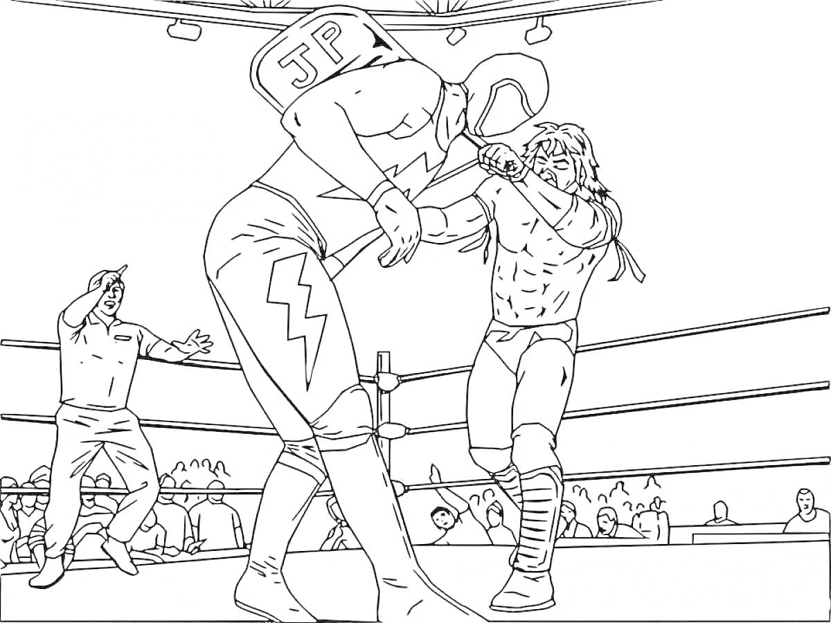 Раскраска Рестлеры, дерущиеся на ринге, с рефери и зрителями