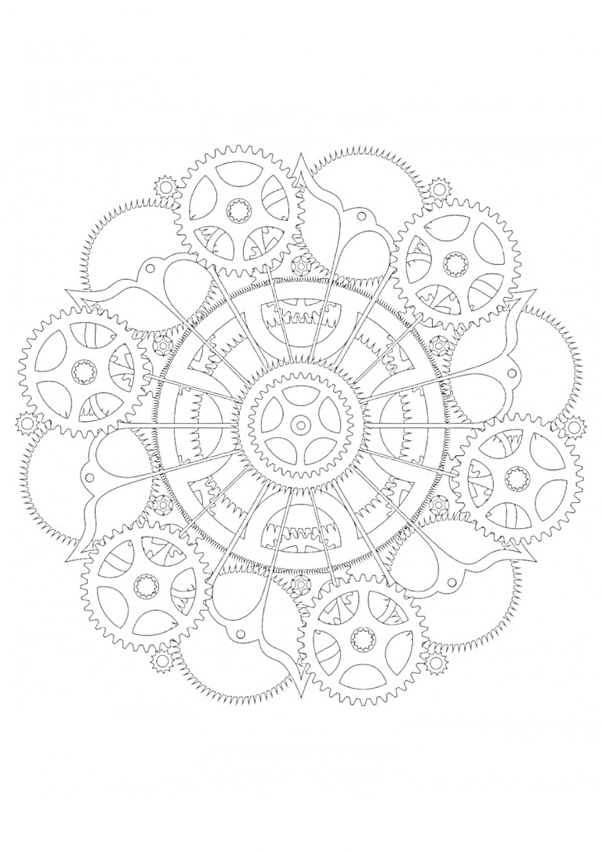 Раскраска Шестереночный механизм с центральным колесом и окружными шестернями
