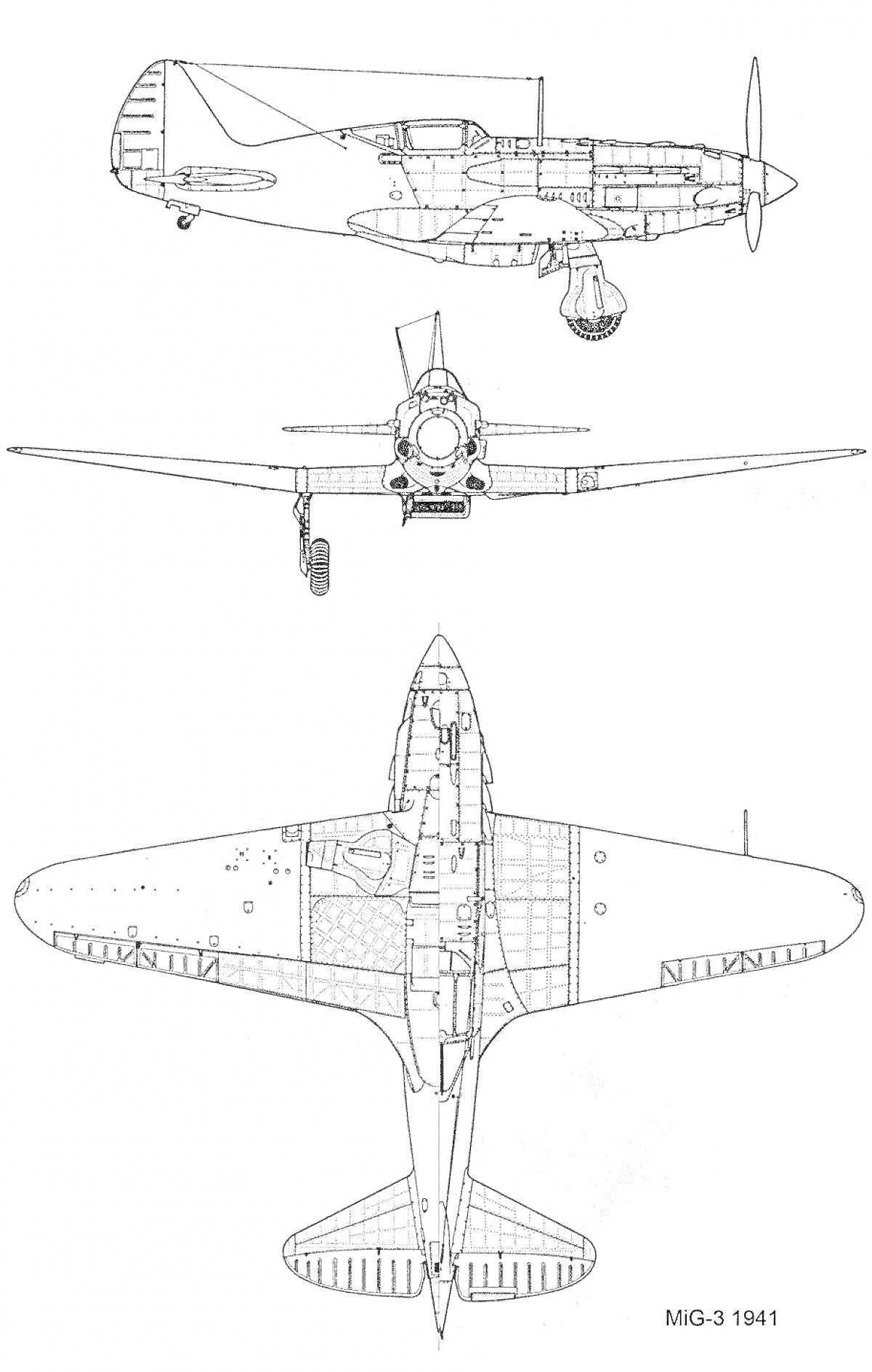  Схематическое изображение самолета МиГ-3 с трех сторон (вид сбоку, вид спереди, вид сверху), модель 1941 года