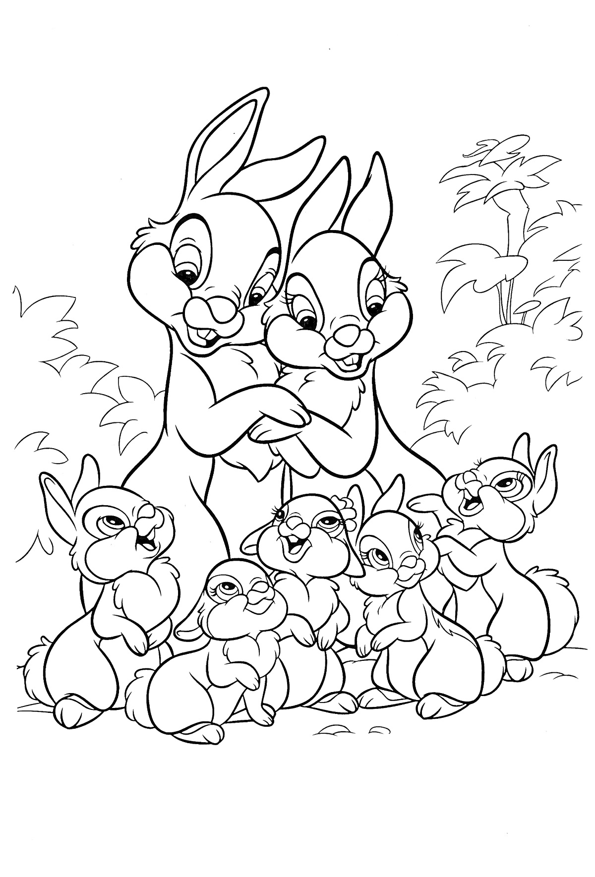 Две взрослые кролики обнимаются, окружённые шестью маленькими крольчатами на фоне кустов и деревьев.