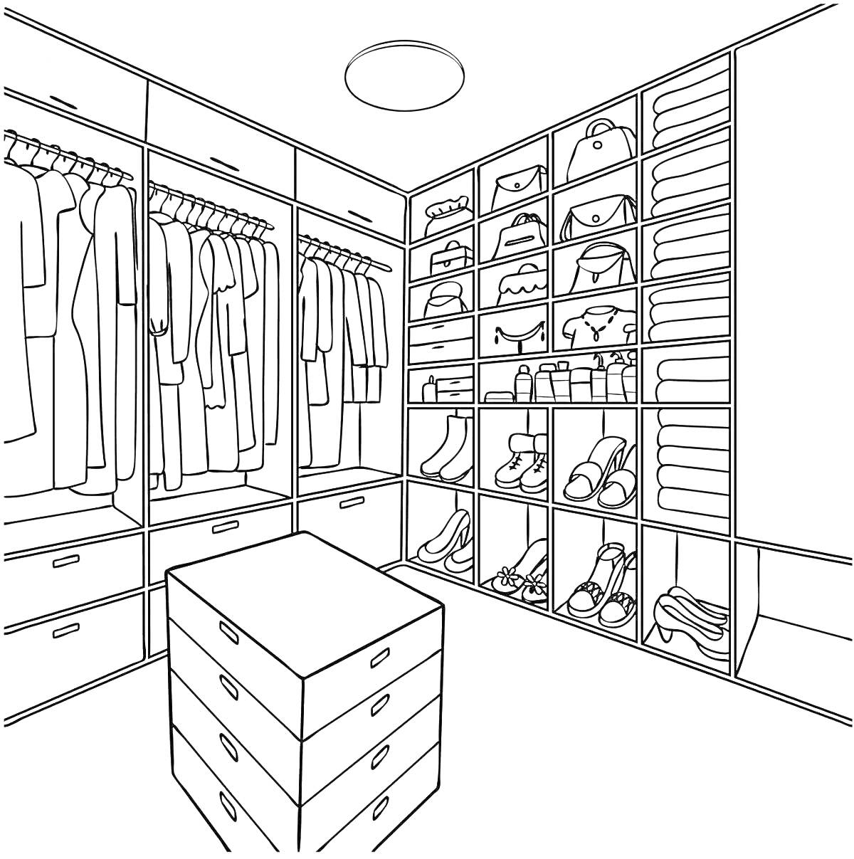 Раскраска Гардеробная комната с одеждой, полками, обувью, сумками, шляпами и ящиками