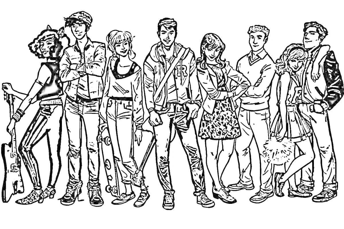 Раскраска Семь персонажей из 'Ривердейл' в полный рост, один с гитарой, остальные с различной одеждой и аксессуарами