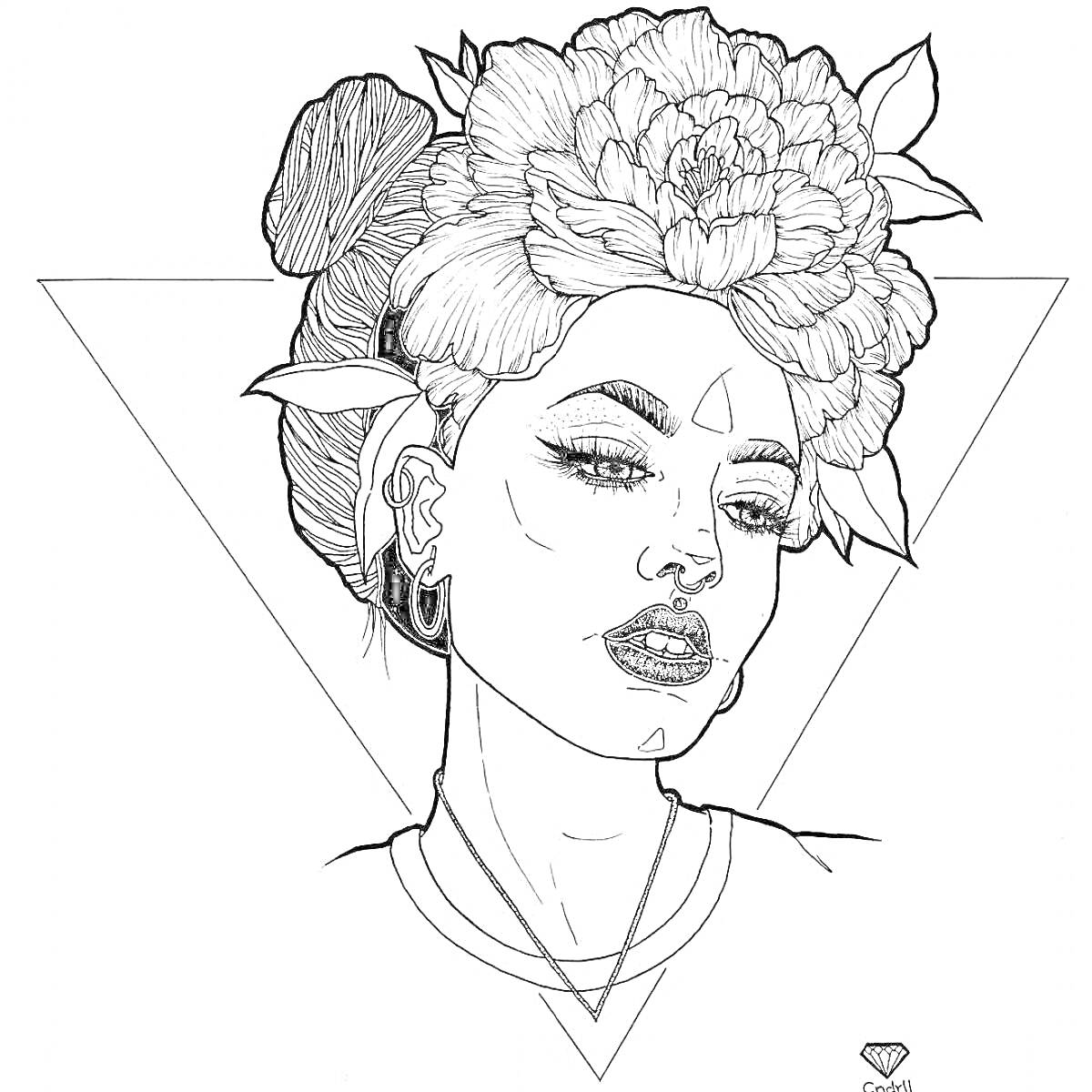 Раскраска Портрет девушки с цветком в волосах и треугольником на заднем плане