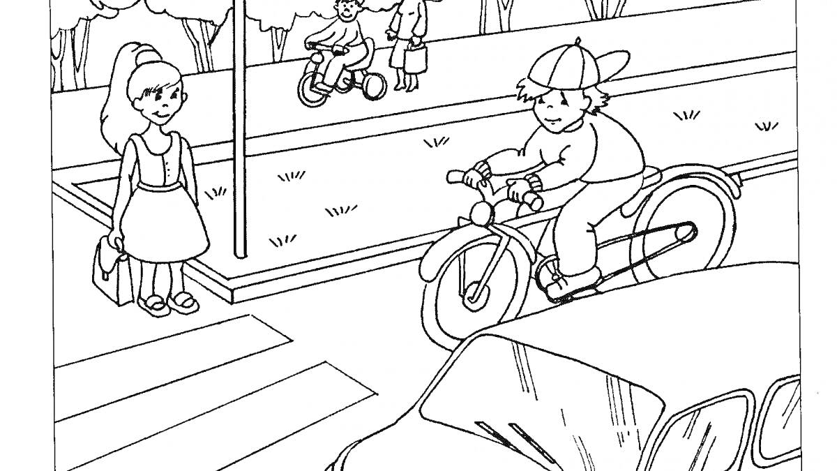 На раскраске изображено: Пдд, Велосипед, Пешеходный переход, Девочка, Самокат, Безопасность, Движение, Дорожные правила
