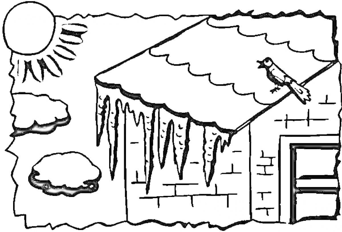 Дом со снежной крышей, сосульками, птицей, солнцем и облаками
