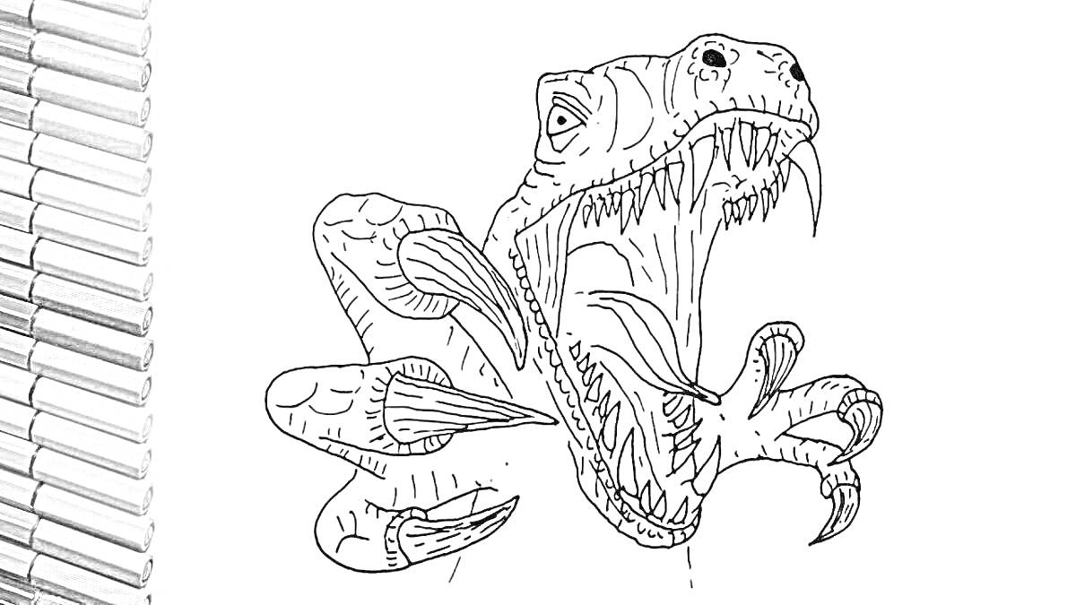 Раскраска маска раптора с открытой пастью, острыми зубами и когтями, рядом лежат цветные карандаши