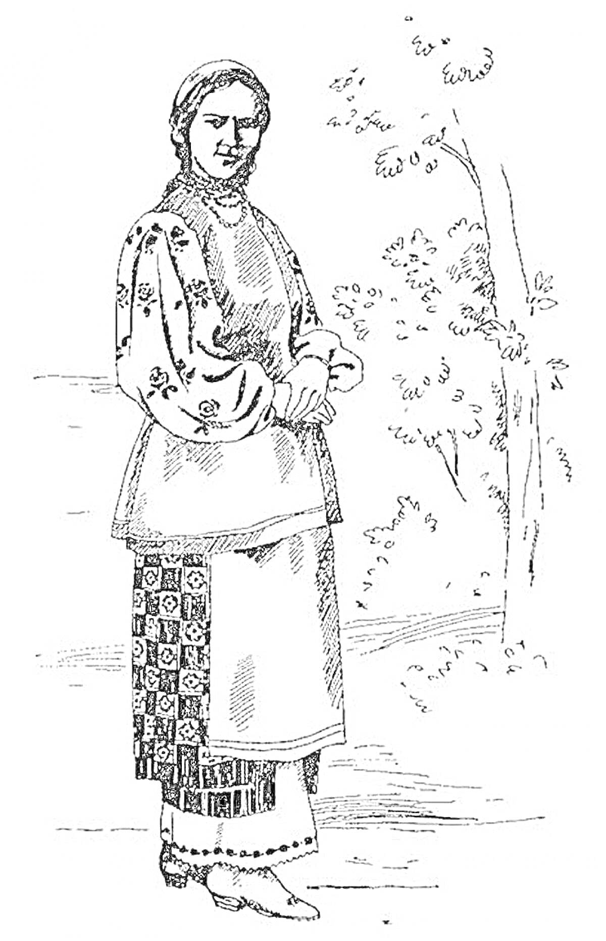 Раскраска Женский украинский национальный костюм. Включает: вышитую блузу с длинными рукавами, юбку с цветочным узором, передник, головной убор, чулки и туфли.