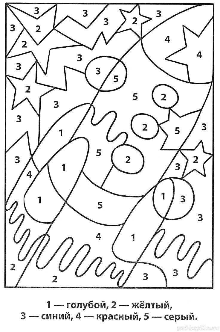 На раскраске изображено: По номерам, 5 лет, Космос, Ракета, Планеты, Звезды, Голубой, Желтый