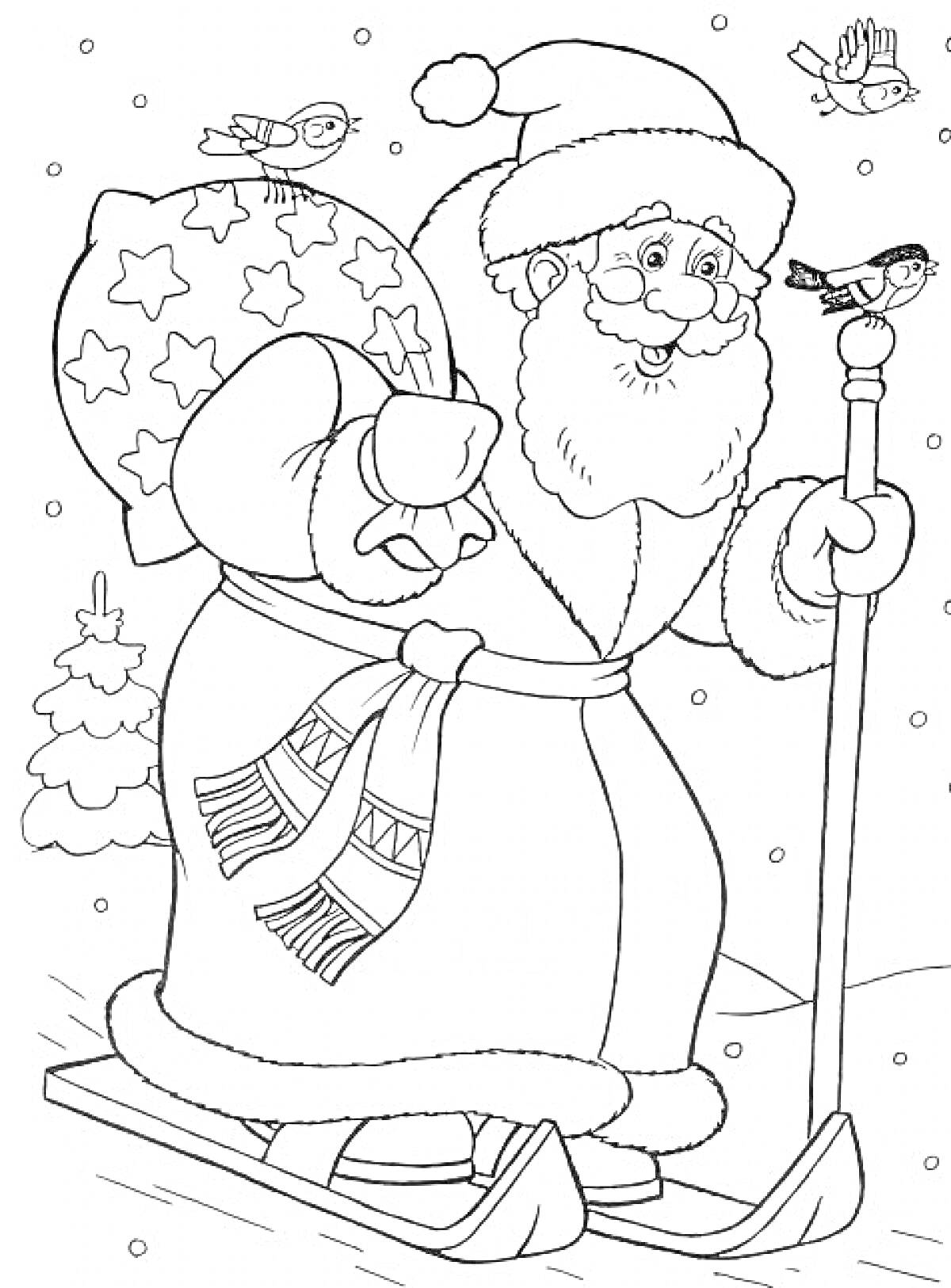 Раскраска Дед Мороз на лыжах с мешком подарков и птицами