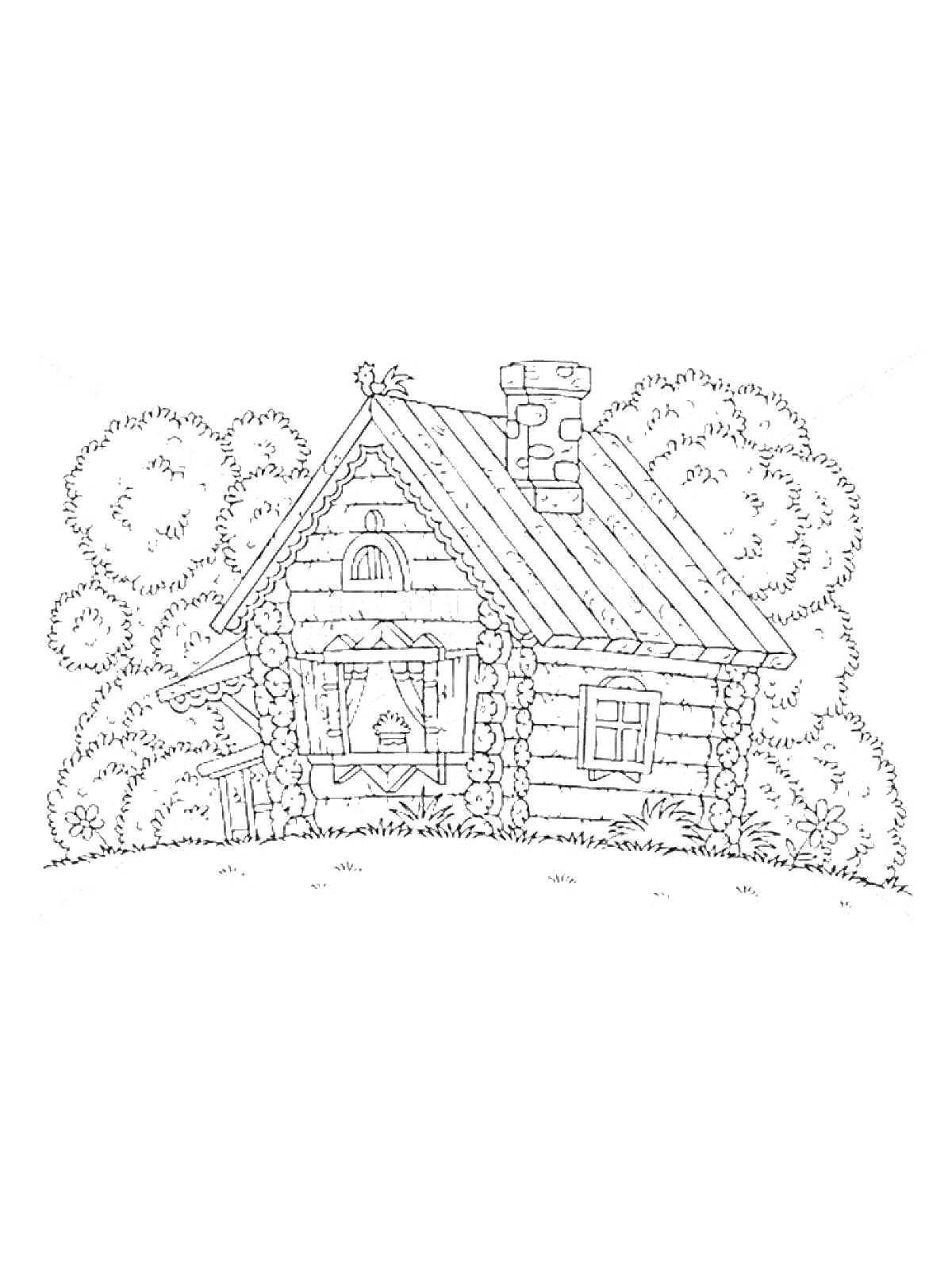 На раскраске изображено: Изба, Дом, Лес, Деревья, Труба, Крыша, Окна, Дверь, Природа