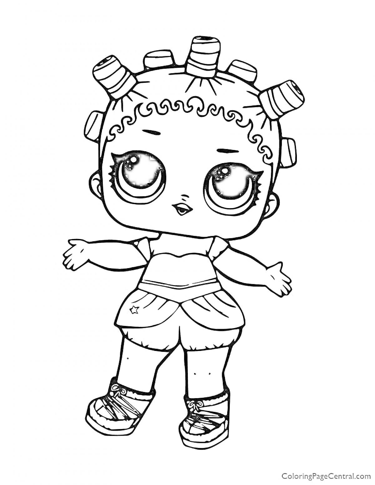 Раскраска Кукла ЛОЛ с завитками на голове, в юбке и майке, с открытыми руками