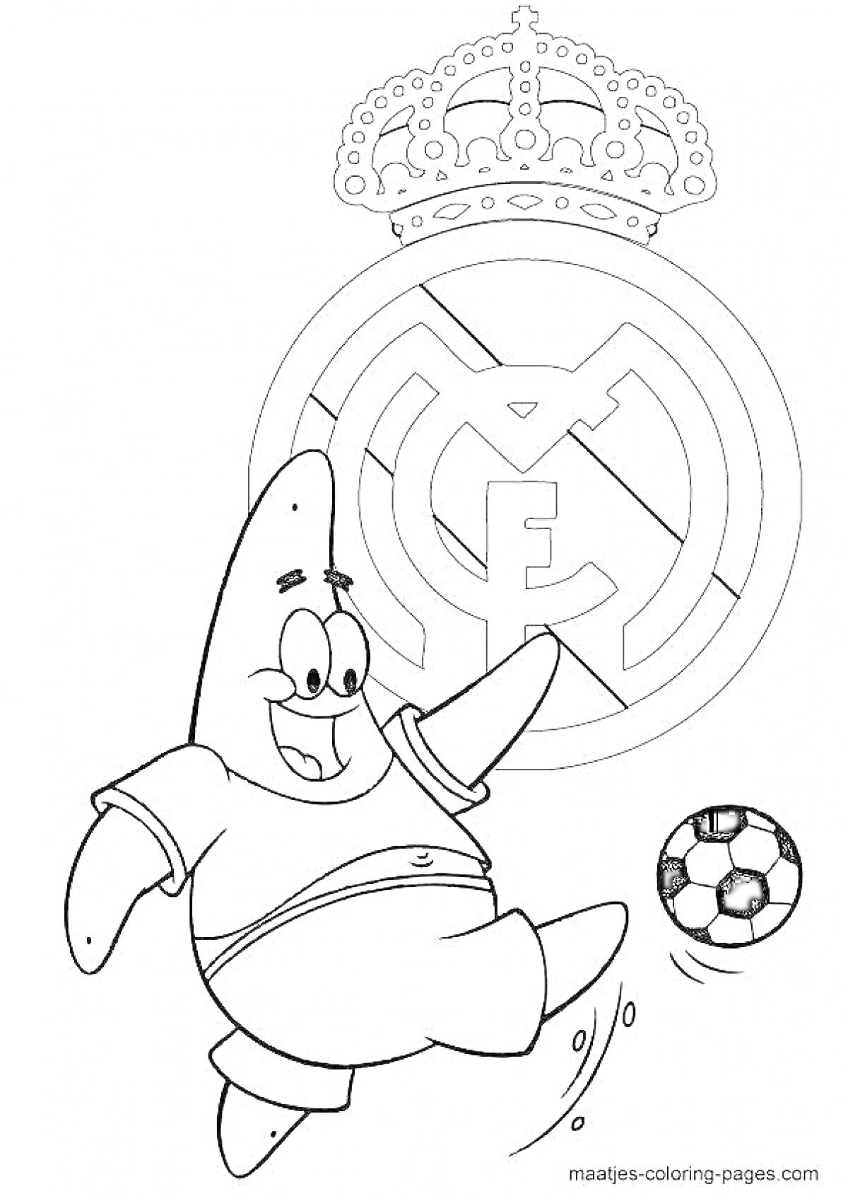На раскраске изображено: Патрик, Реал Мадрид, Футбол, Корона, Спорт, Игра