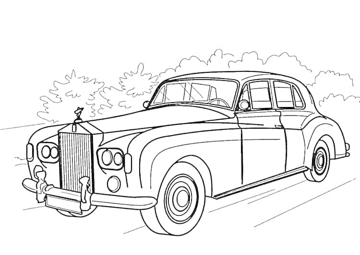 На раскраске изображено: Ретро автомобиль, 90-е годы, Деревья, Олдтаймер, Винтаж, Классический автомобиль, Природа