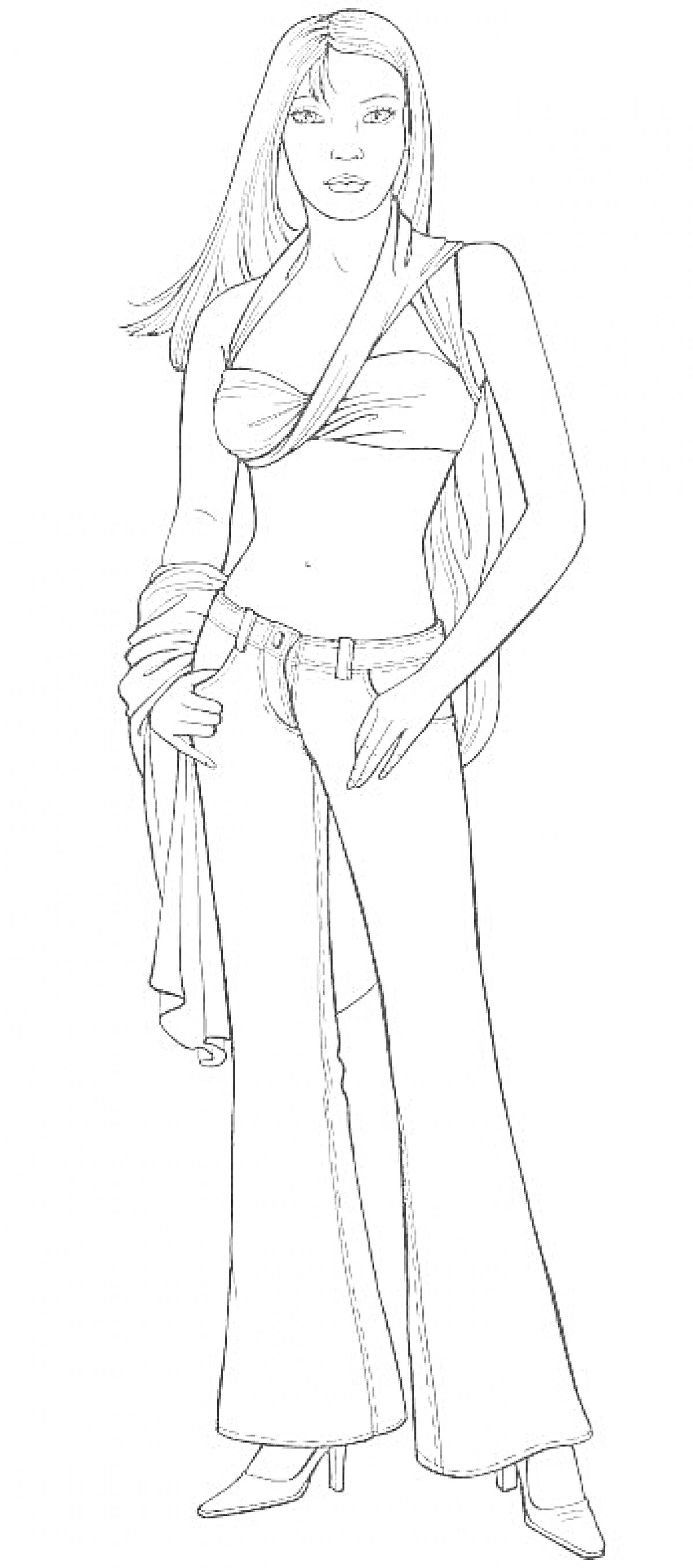Раскраска Модная модель: девушка с длинными волосами в топе без плеч и джинсах-клеш, с туфлями на каблуке и накидкой на руке