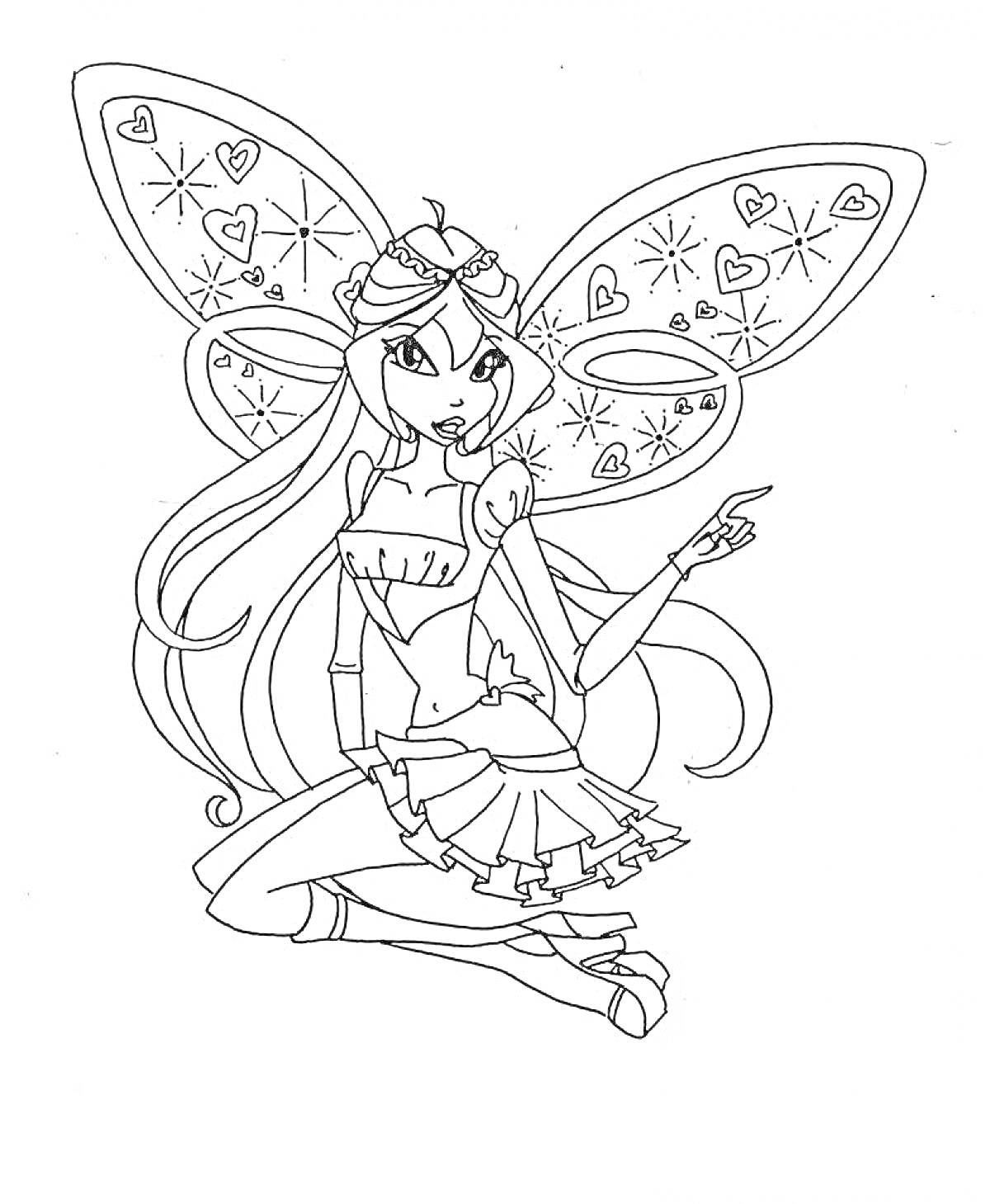 Раскраска Фея с длинными волосами, скрещенными ножками, выдающимися крыльями с сердечками и звёздочками, указующим пальцем