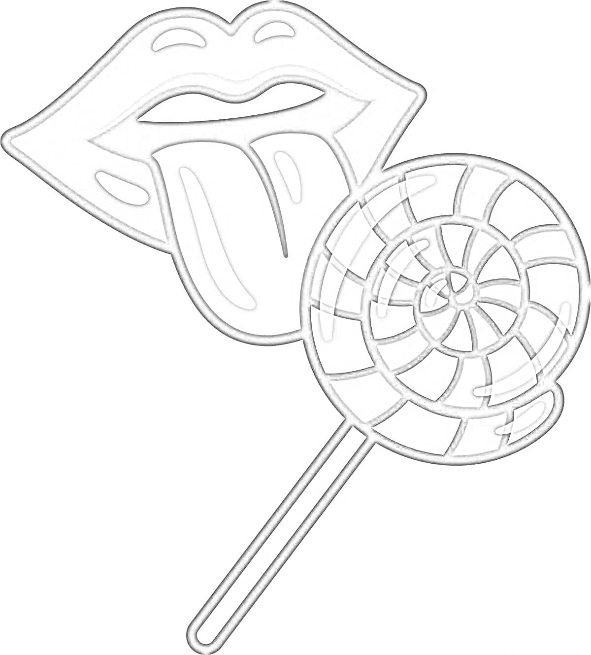 Раскраска Рот с высунутым языком и леденец на палочке