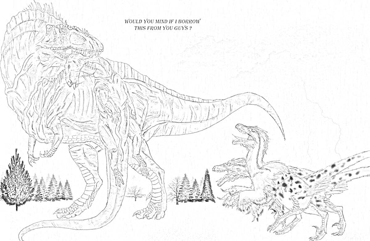 Раскраска Динозавры на фоне деревьев и гор