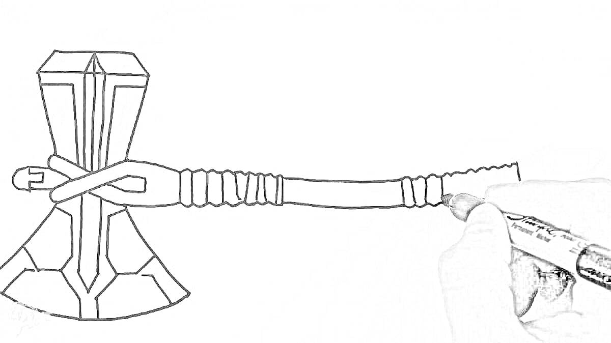 Раскраска Человек раскрашивает молот Тора с рукояткой